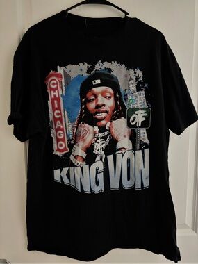 King Von Graphic Tee - Black with Blue & White Print